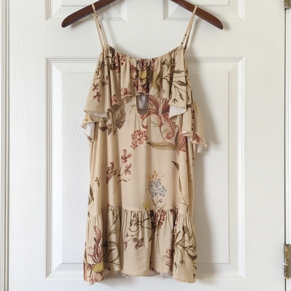 Chaser Heirloom Woven Floral Vented Ruffle Peplum Hem Camisole Tank Top Beige M - Picture 1 of 12